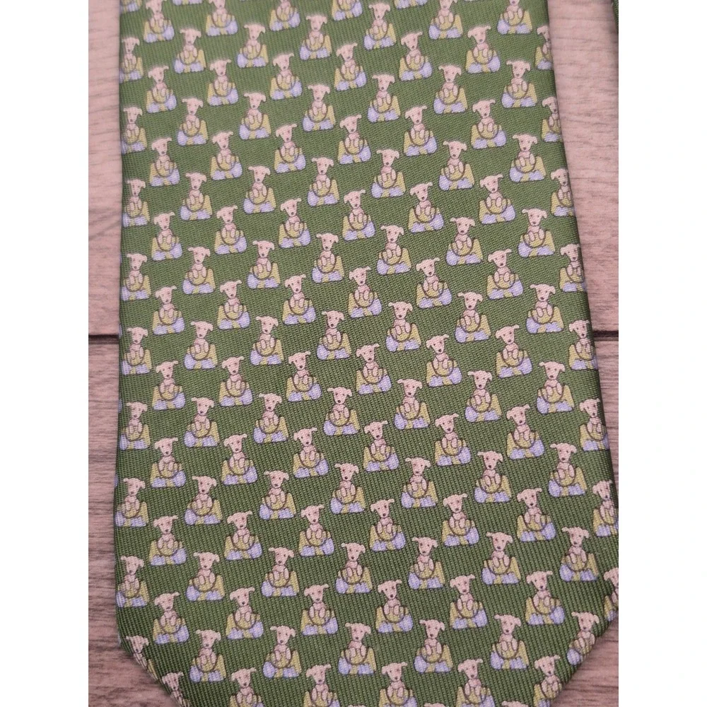 Salvatore Ferragamo Mens Silk Tie Green Whimsical Dog Animal Print Made in Italy